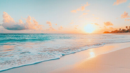 Obraz premium Idyllic tropical beach with soft waves and beautiful sunset