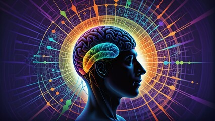 Perfil humano donde se aprecia el cerebro en un sentido abstracto. Alrededor el universo. Representa la neurociencia y su impacto en el universo