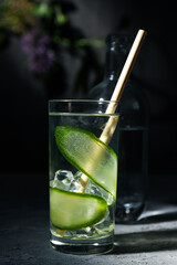 Вrine сocktail with cucumber and bottle on dark background