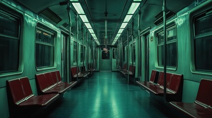 Fototapeta premium A deserted subway train interior with green lighting and red benches.