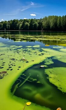 Polluted Lake With Thick Algae Growth