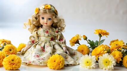 Fototapeta premium Porcelain Doll with Blonde Hair and Floral Dress Surrounded by Yellow Flowers