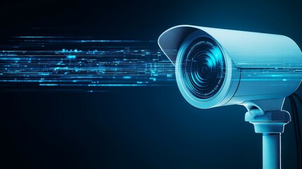privacy data protection sensitive concept. Surveillance camera with digital data transmission effect, dark background