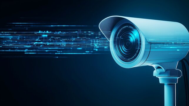 privacy data protection sensitive concept. Surveillance camera with digital data transmission effect, dark background