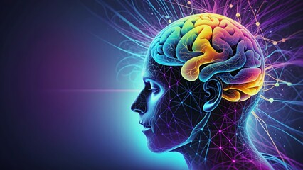 Perfil humano donde se aprecia el cerebro en un sentido abstracto. Alrededor el universo. Representa la neurociencia y su impacto en el universo