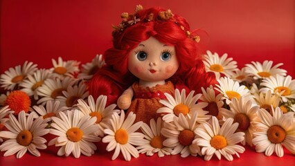 Fototapeta premium Red-Haired Doll Surrounded by Daisies