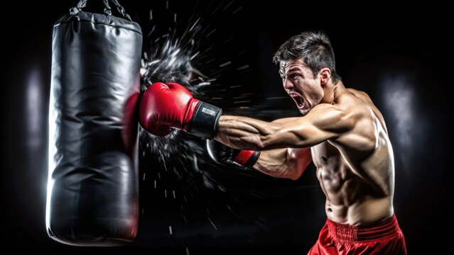 A Boxer Punching a Heavy Bag with a Powerful Right Hook