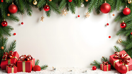 Christmas border with fir branches, red baubles, and gifts. Concept of winter holidays, celebration, and festive season.