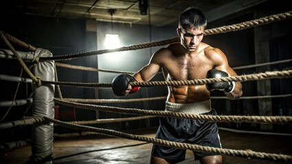 A Boxer Holding onto the Ropes in a Boxing Ring