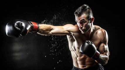 A Boxer Throws a Punch with a  Black Boxing Glove