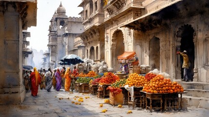 Vibrant Marketplace Scene with Colorful Fruits and People in Traditional Attire, Capturing the Essence of Local Culture and Everyday Life in an Indian Bazaar