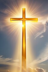 A majestic Christian cross radiates brilliance against a serene sky background, with soft, wispy clouds scattered across the horizon, as if kissed by the gentle light of divine love, hope, ai