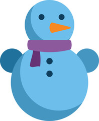 Blue snowman with a carrot nose and black eyes wearing a purple scarf for christmas