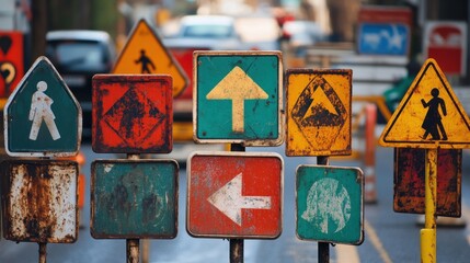 A collection of weathered traffic signs indicating various road instructions and warnings.