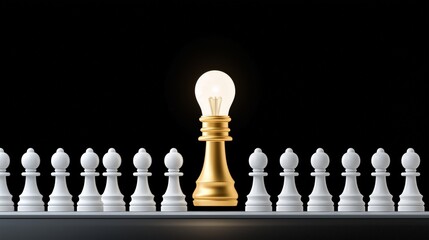 achieve success concept. A golden chess piece with a light bulb, symbolizing innovative thinking in business.