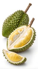 Naklejka premium Fresh durian fruit with thorny skin and yellow pulp on white background