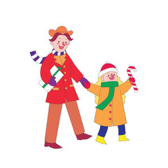 illustration of father and daughter, carrying gifts and daughter carrying candy bars
