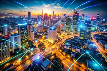 Fototapeta premium Stunning Drone Photography of Urban Night Lights with Blurred Data Analysis Features, Showcasing Vibrant Cityscapes and Complex Patterns in a Dynamic, Colorful Environment