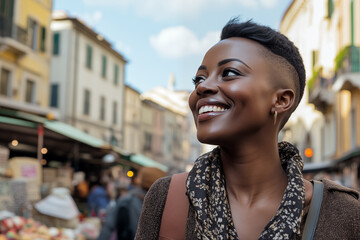 happy Black woman with very short hair on vacation walking on a European city street in an outdoor marketplace