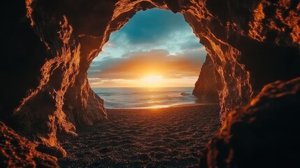 Sunset View Through a Cave