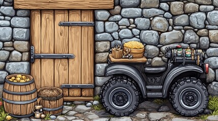 Rustic Stone Wall Setting with Handcrafted Wooden Door and All-Terrain Vehicle Displaying Fresh Produce, Jars, and Kitchen Utensils in a Charming Country Scene