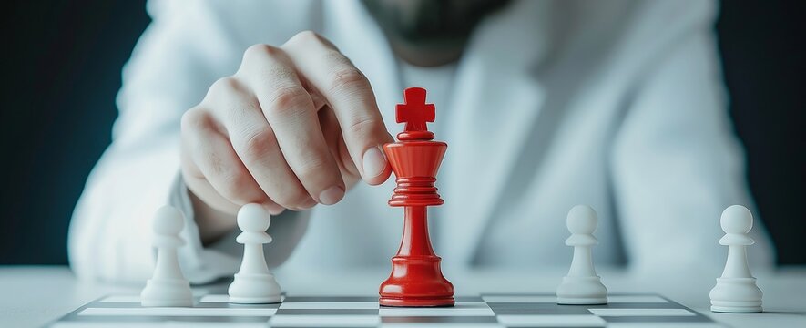achieve success concept. Strategic chess move with a red king piece on a checkerboard