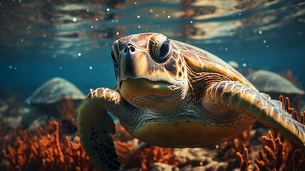Fototapeta premium Colorful sea turtle swimming in the azure ocean.. 