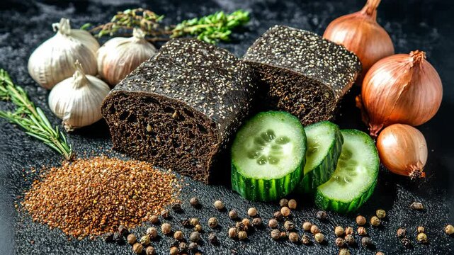 Freshly baked rye bread with vegetables and spices on a black surface during a culinary preparation