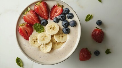 Healthy berry and banana smoothie bowl kitchen food photography cozy environment top view nutrition concept