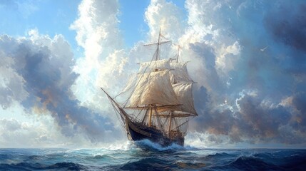 Obraz premium A majestic sailing ship navigates through vibrant clouds and ocean waves.