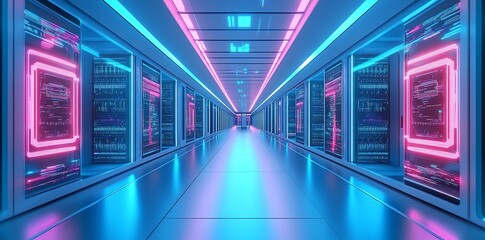 Fototapeta premium Futuristic server room with neon lighting.