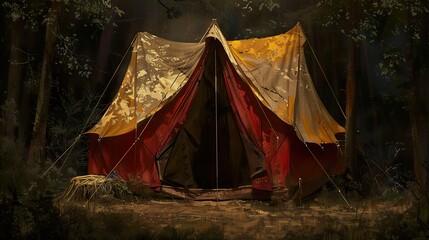 A Weathered Tent Stands Alone in a Dark Forest