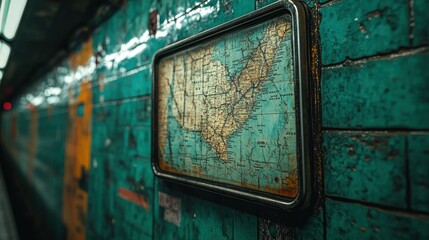 A vintage map displayed on a turquoise subway wall, illustrating transit routes.