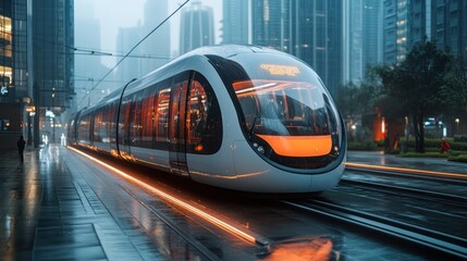 Fototapeta premium A modern tram in a rainy urban setting, showcasing sleek design and city life.