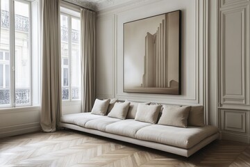 A minimalist, elegant living room featuring a sleek, low-profile sofa with neutral cushions