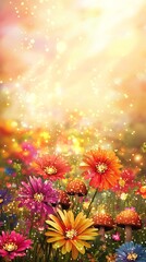 Luxuriant floral background with blooming colorful flowers and sparkling bokeh lights creating a magical dreamy and enchanting scene