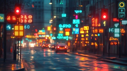 Obraz premium A vibrant urban street scene illuminated by colorful neon signs and traffic lights at night.