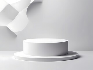 Fototapeta premium Abstract white 3D room with realistic white cylinder pedestal podium set and palm leaf shadow
