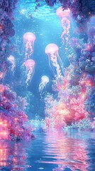 Mesmerizing Underwater Jellyfish Dance in Vibrant Coral Reef Ecosystem Ethereal Bioluminescent Jellies Floating and Pulsating Amidst Shimmering Corals and Otherworldly Aquatic Life