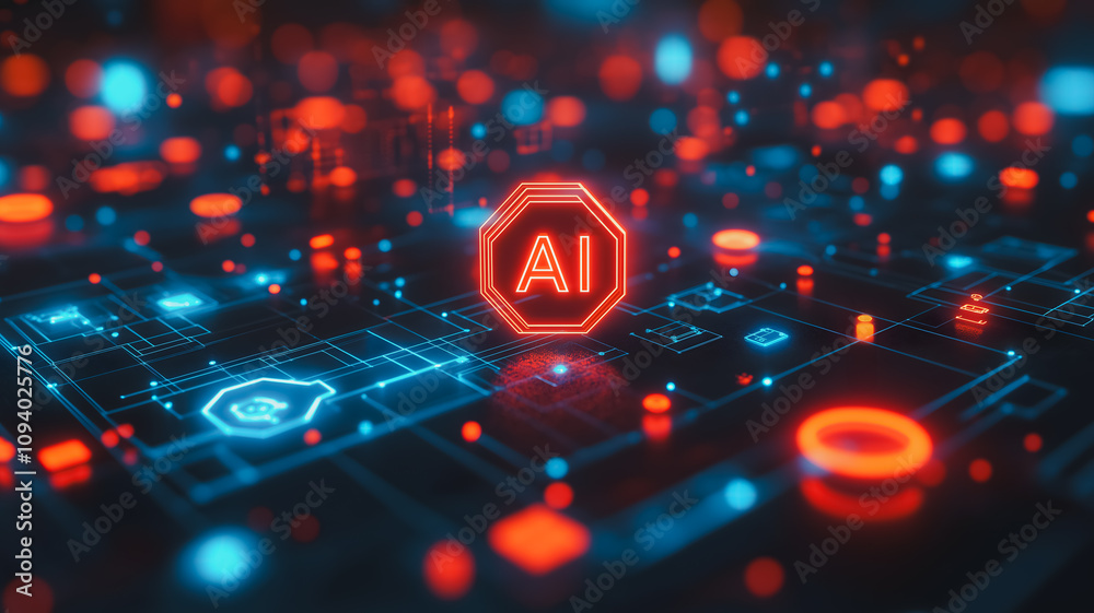 Poster a glowing red and blue image of a computer chip with the letters ai on it. the image is abstract and