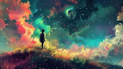 A Solitary Figure Gazes at the Starry Night, A Dreamy and Mystical Scene