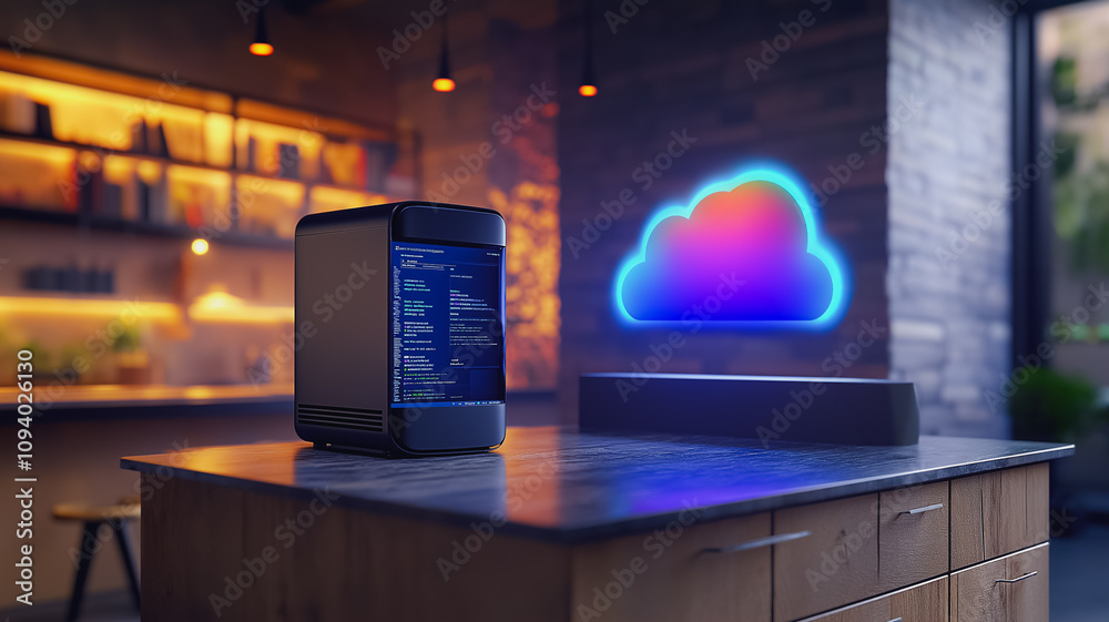Poster a computer monitor is on a table next to a colorful cloud. the computer is displaying a program that