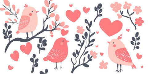 
Vector flat hand-drawn cute Valentine's Day elements set, including hearts and birds with branches and leaves on a white background. 