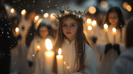 Saint Lucia's Day, a young girl wearing a long white dress and a crown of burning candles, leading a procession on a winter night with soft snow falling, Ai generated images