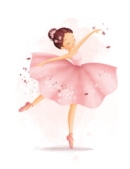 Watercolor Illustrastion Beautiful Ballerina Wears Pink Dress © Stella