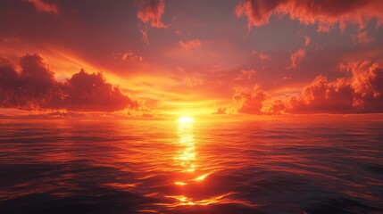 Obraz premium A vibrant sunset over calm ocean waters, reflecting warm colors in the sky.