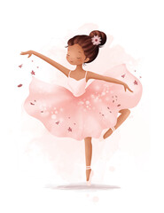 Watercolor Illustrastion Beautiful Ballerina Wears Pink Dress © Stella
