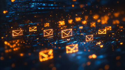 A computer screen with many small orange and blue letters that spell out the word "email". The image has a futuristic and technological feel to it, with the bright colors