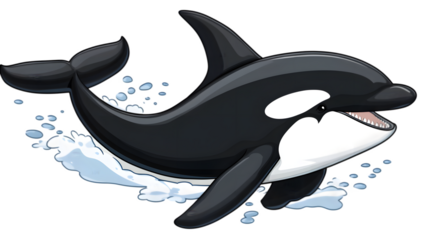 A cartoon orca whale with a vertical bar code isolated on a transparent background. 