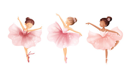 Watercolor Illustrastion Set of Beautiful Ballerina Wears Pink Dress